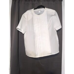 Cymbrion White Short Sleeve Pleated Front Blouse, Women's Size 14,‎ Vintage